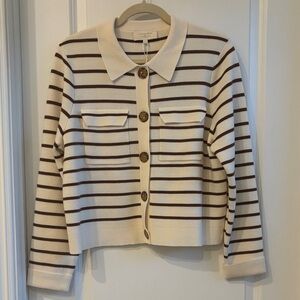 Sezane Betty Cream and Brown Striped Cardigan Size L NWT